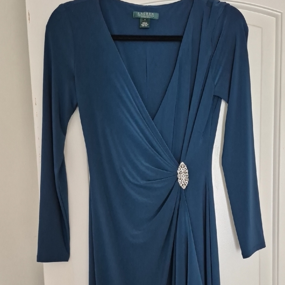 Ralph Lauren Evening Dress Teal Blue Jeweled Surplice Sz 4 Never Worn
